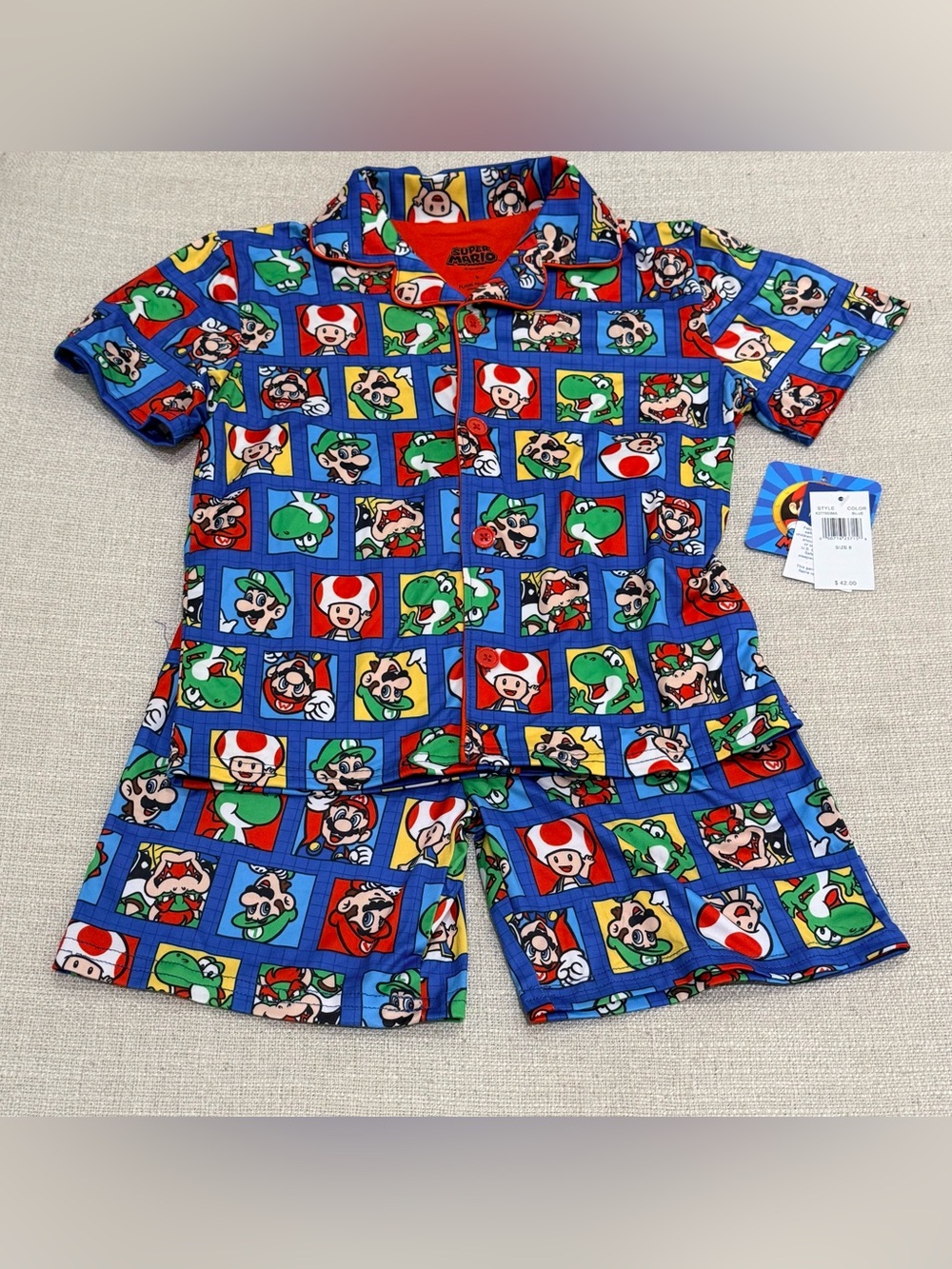 Super Mario Boys Size 8 2-Piece Pajama Set Button Front Character Sleepwear blue